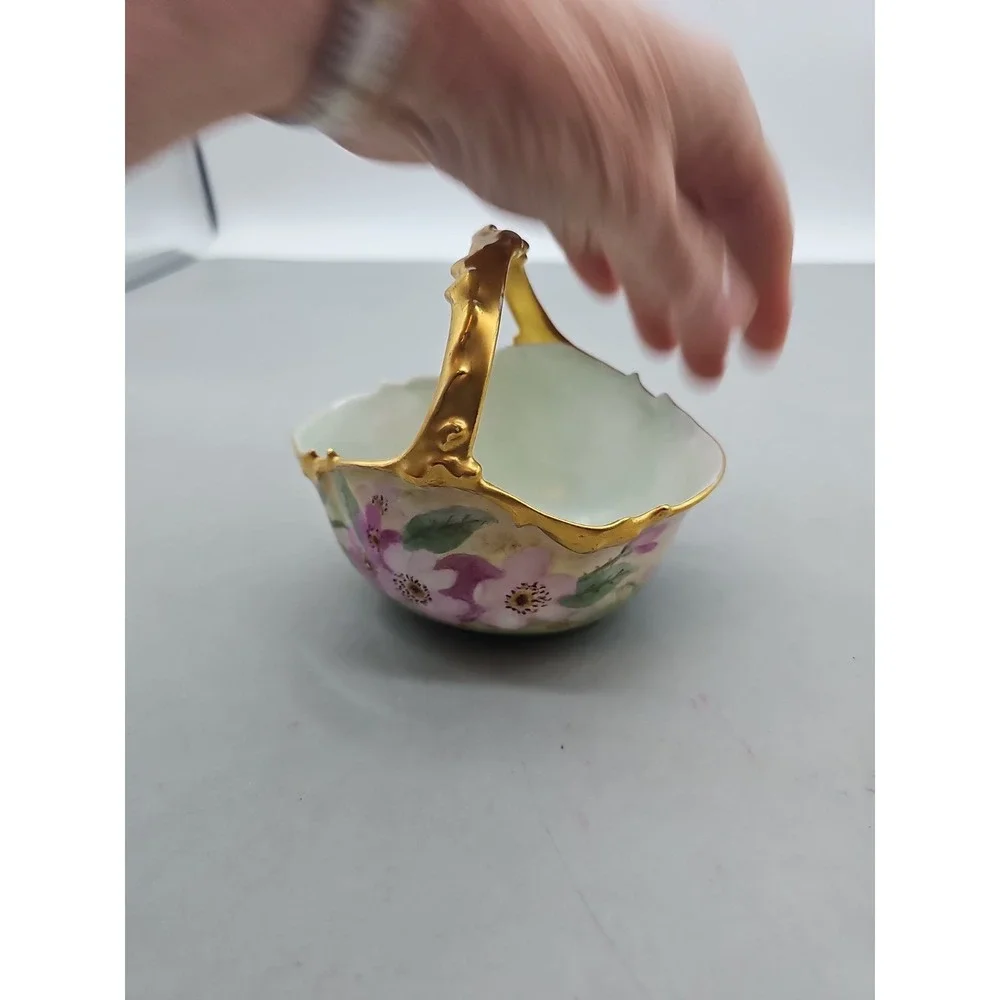 Antique J.P. L. France Limoges Hand Painted Floral Porcelain Basket Gold Trim